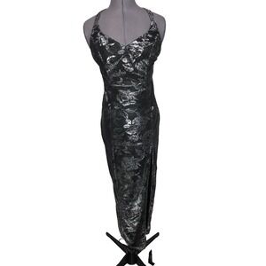 Vtg Y2K Prom Dress Black Metallic‎ Floral Maxi   Bodycon Glam L.A. Glo 36-30-36